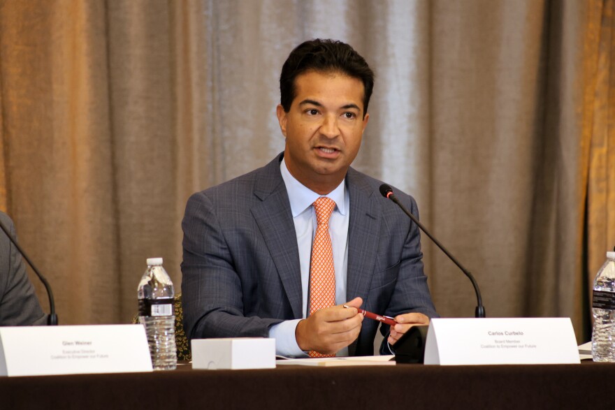 Coalition to Empower our Future board member and former congressman Carlos Curbelo speaks at the Youth Mental Health Roundtable in Coconut Grove Oct. 8, 2025.