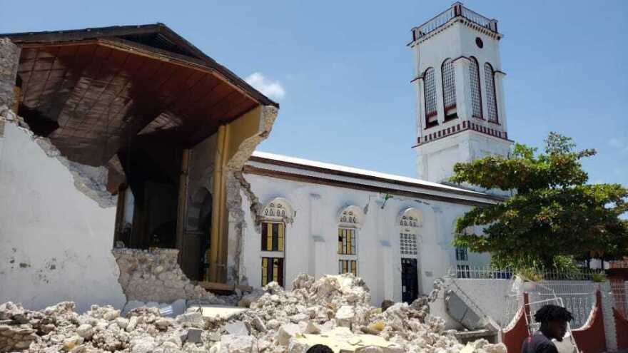 Sacred Heart church is damaged after an earthquake struck in Les Cayes, Haiti, on Saturday. The prime minister declared a state of emergency. [Delot Jean / AP]