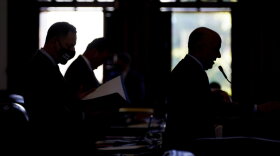 Rep. Chris Turner, D-Arlington, right, and Rep. Rafael Anchia, D-Dallas, left, line up to speak against HB 6, an election bill, in the House Chamber at the Texas Capitol in Austin, Texas, Thursday, May 6, 2021. 