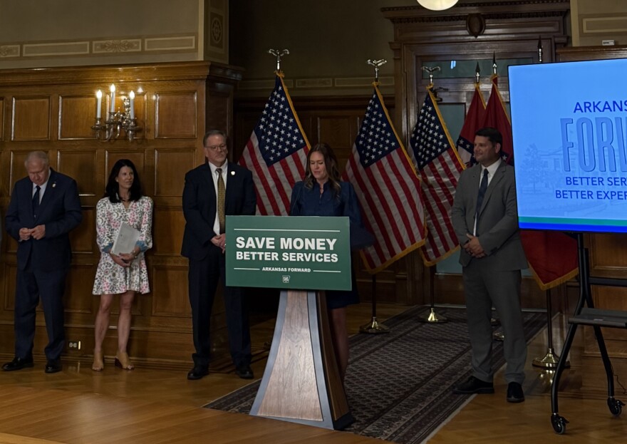 Gov. Sarah Huckabee Sanders introduces the Arkansas Forward online dashboard in a news conference at the Arkansas State Capitol Wednesday.