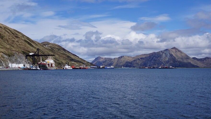 Boats at port with mountains in the background