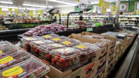 Strawberries are stocked Friday, April 10, 2026, at a grocery store in Beloit, Wisconsin.