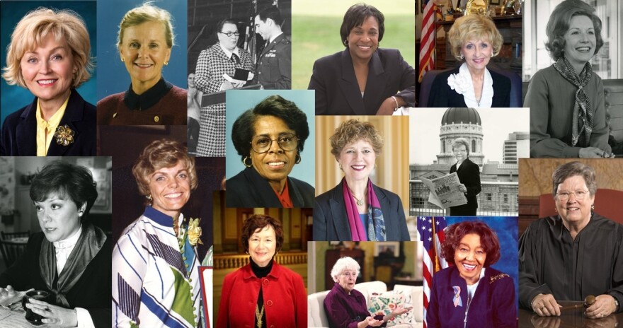 Paddock's 15 Indiana Trailblazers, top row: Becky Skillman, Virginia Blankenbaker, Margaret Prickett, Pamela Carter, Suellen Reed, Marvella Bayh; middle row: Jill Long Thompson, Jill Ruckleshaus, Susan Brooks, Earline Rogers, Virginia McCarty; bottom row: