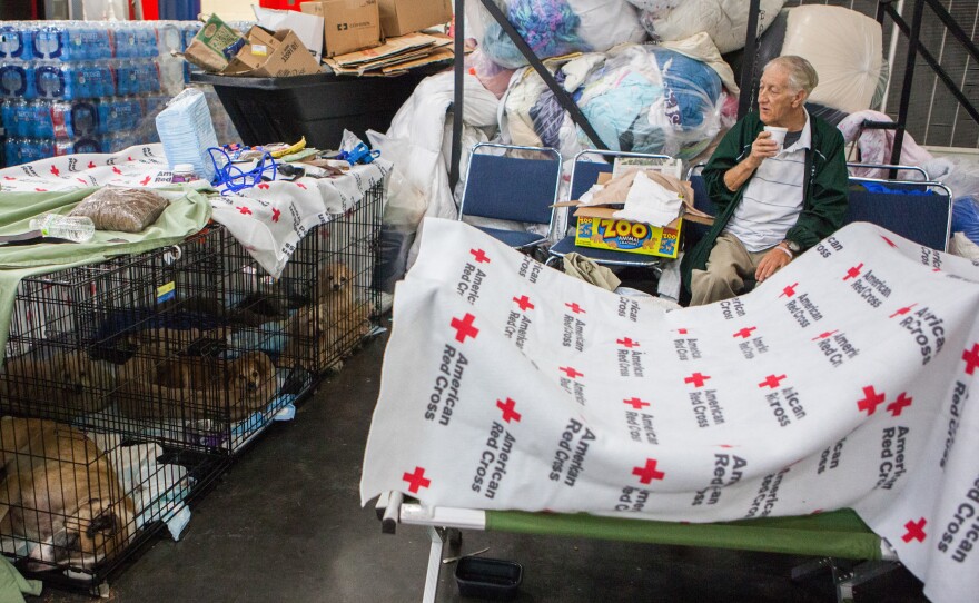 Thomas Hayes, 73, sits in a corner with his five dogs safely in crates in the George E. Brown Convention Center.