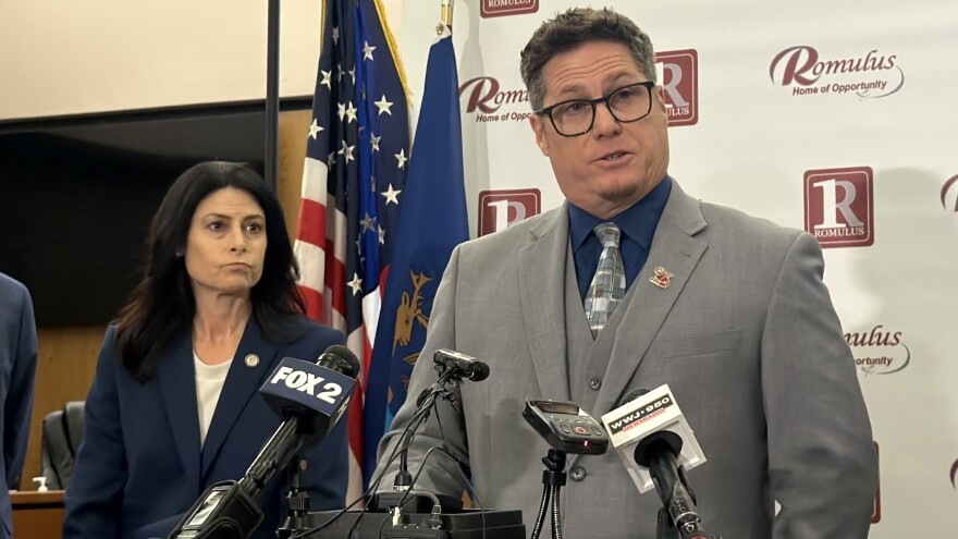 Michigan Attorney General Dana Nessel and Romulus Mayor Robert McCraight announce they have filed a federal lawsuit to block a planned Department of Homeland Security immigration detention center near the Detroit Metro Airport.