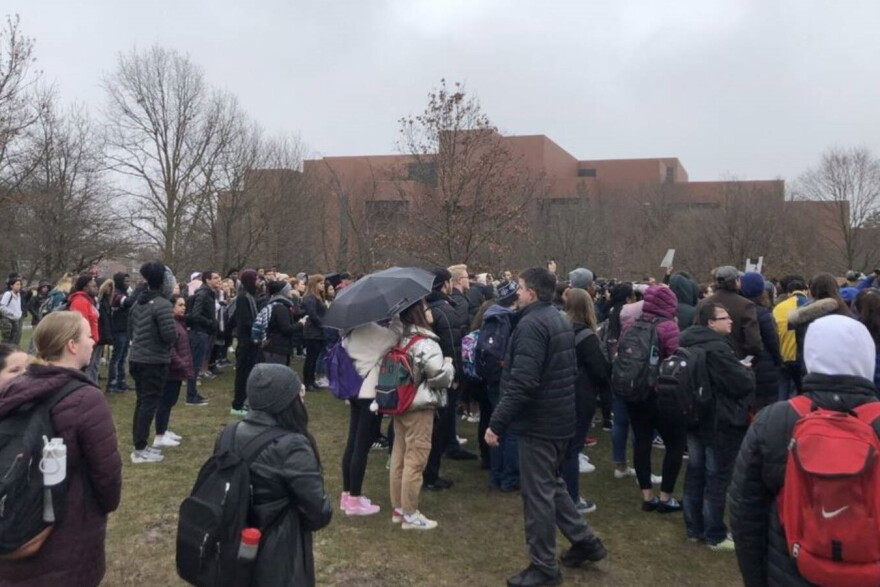 Ball State students gather in front of the Whitinger Business Building, the site of the class incident that has gone viral.