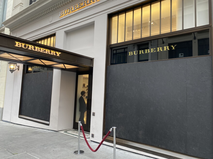 Burberry store with boarded up windows in downtown San Francisco