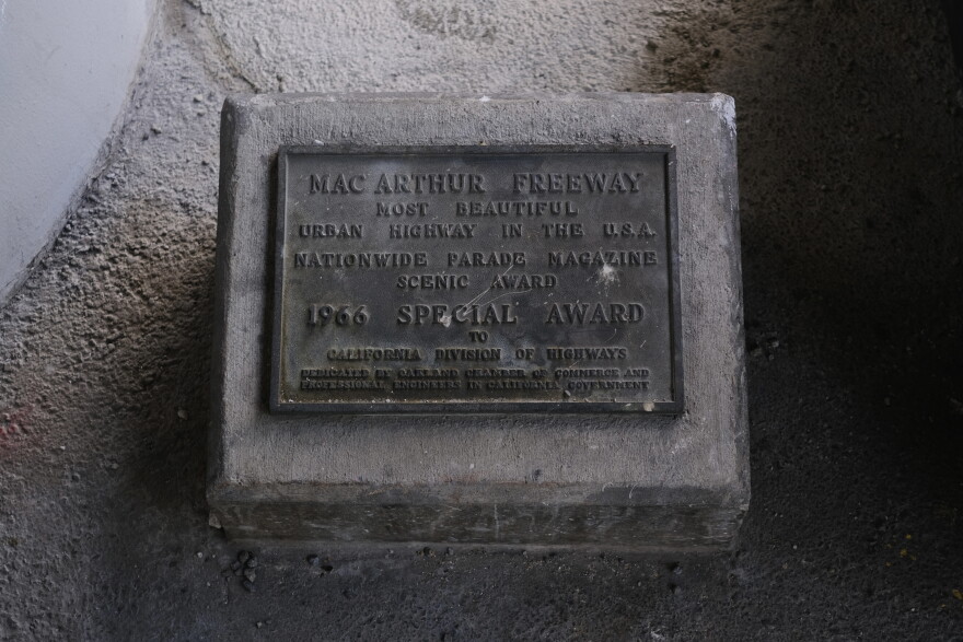 A plaque commemorates the MacArthur Freeway, a stretch of I-580, as the nation's "Most Beautiful Urban Highway," an honor it received in 1966, shortly after it opened. An 8.7-mile stretch of the freeway has carried a ban on large trucks for decades.
