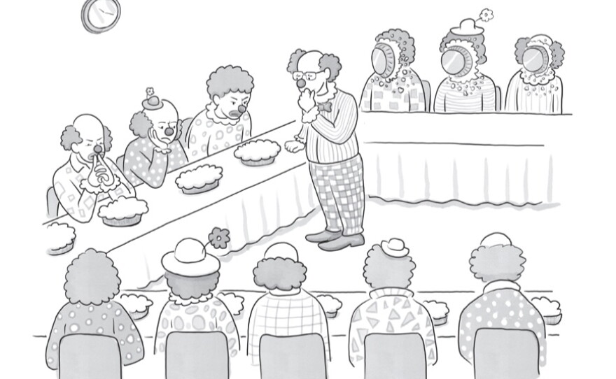 This Paul Noth cartoon about clowns and pies is a brand new and first published in "I Am Going to Eat You...And Other Awkward Truths."