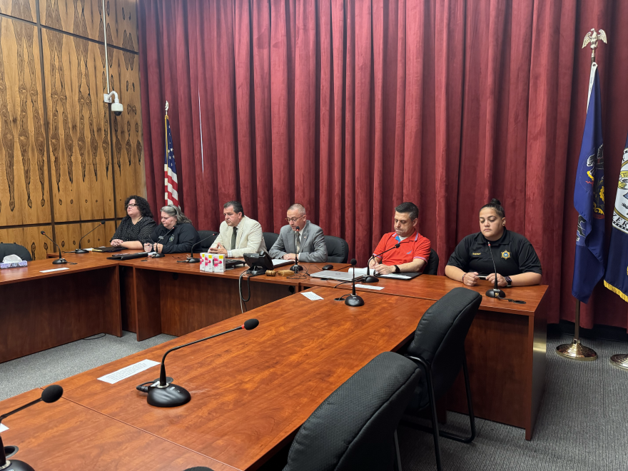 Luzerne County officials held a press conference Tuesday to warn against a dangerous combination of cocaine and fentanyl that has killed 12 county residents in the last three months. From left, Division Head of Luzerne County Human Services Megan Stone, County Manager Romilda Crocamo, District Attorney Sam Sanguedolce, coroner Dion Fernandes, Luzerne/Wyoming Counties drug and alcohol administrator Michael Gagliardi and Sheriff Genesis Arias.