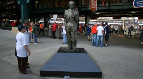 The Ernie Harwell statue in Comerica Park (before his glasses were removed).