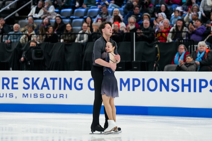 Katie McBeath, of Winterhurs FSC, and Daniil Parkman, of FSC of New York, compete in the championship pairs short program during the 2026 U.S. Figure Skating Championships at the Enterprise Center on Wednesday, Jan. 7, 2026, in St. Louis’ Downtown West neighborhood.
