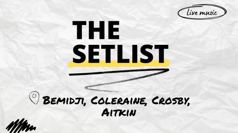 "The Setlist" and "Bemidji, Coleraine, Crosby, Aitkin" written over a crumpled paper background.