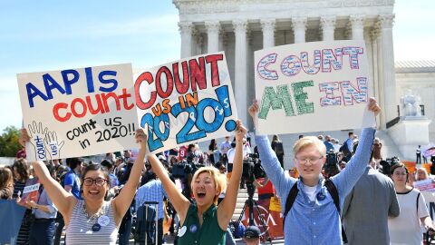 Demonstrators rally outside the U.S. Supreme Court in Washington, D.C., in April to protest the Trump administration's plan to add a citizenship question to forms for the 2020 census.