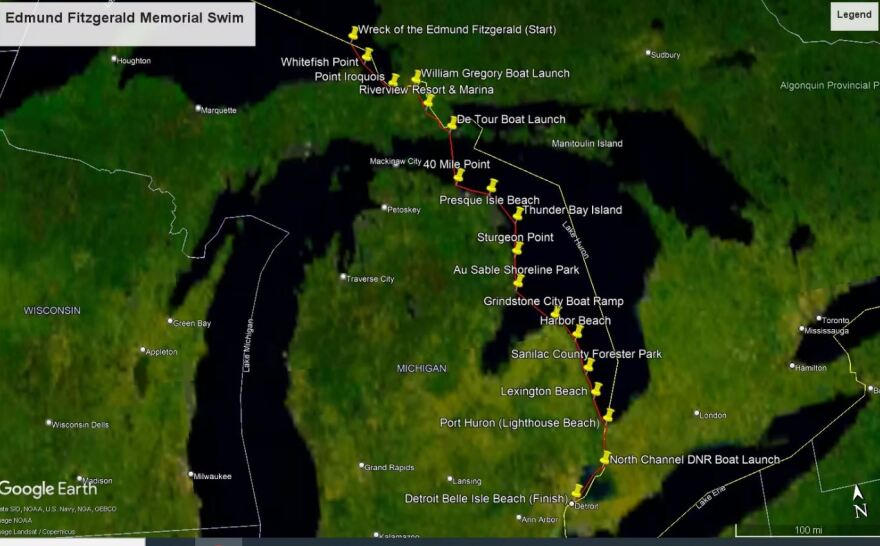 Google Earth map with pinpoints along the swim route from Lake Superior to Belle Isle