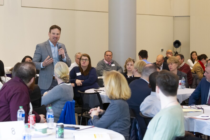 Jesse Ergott, president and CEO of NeighborWorks Northeastern Pennsylvania, proposes solutions to findings in the 2022 Living Wage Report during an event at the University of Scranton Nov. 29.