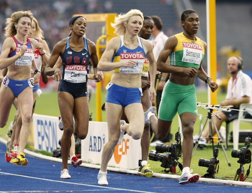 U.S. runner Hazel Clark (second from left) competes with Caster Semenya (right) during a women's 800-meter semifinal at the World Athletics Championships in Berlin on Aug. 17, 2009.