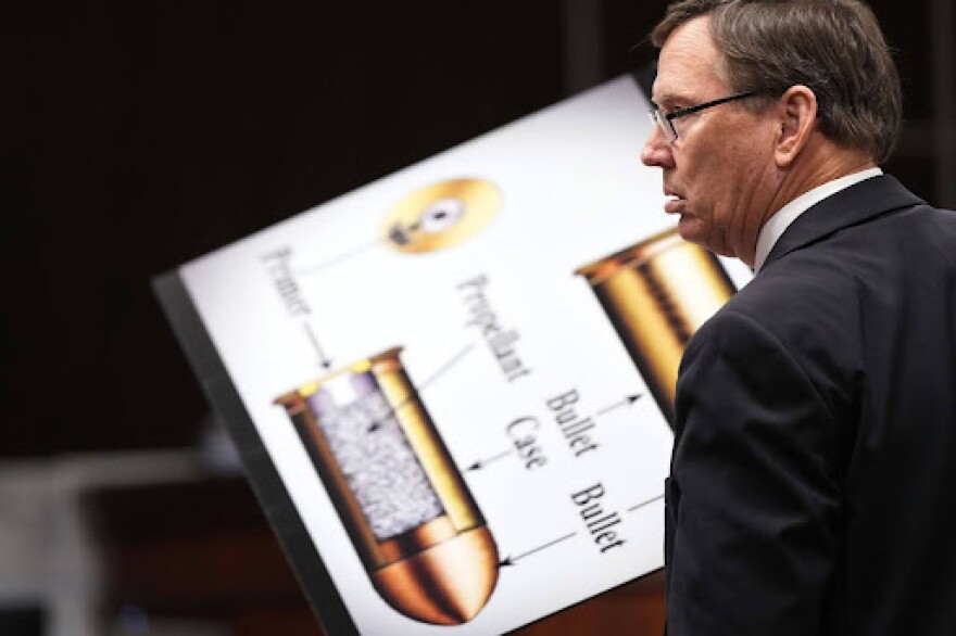 Special prosecutor Bill Turner uses a diagram of a bullet during a trial the former Uvalde school district police officer Adrian Gonzales at the Nueces County Courthouse in Corpus Christi, Texas, Tuesday, Jan. 6, 2026.