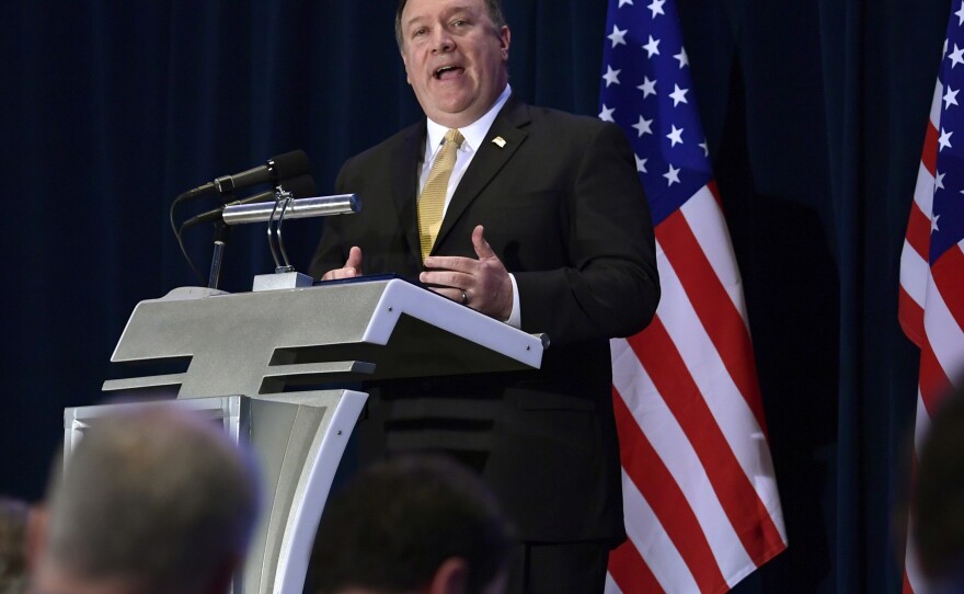 Secretary of State Mike Pompeo speaks during a press briefing on Monday in Singapore.