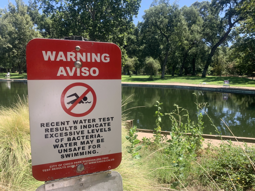 Warning advisory posted in front of Sycamore Pool at One Mile Recreation Area in Bidwell Park, Chico, Calif. July 25, 2025.