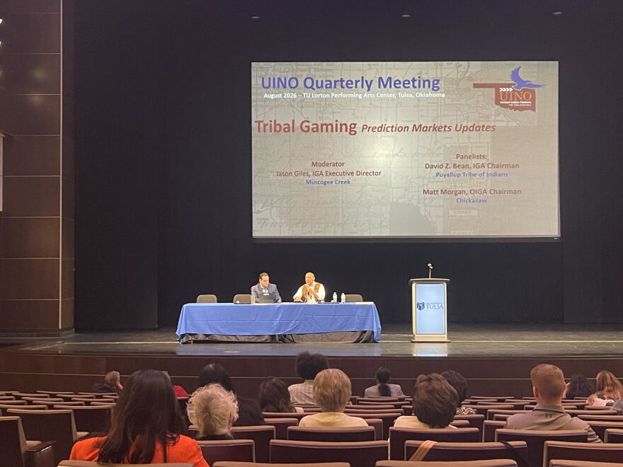 Oklahoma Indian Gaming Association Chairman Matthew Morgan and Indian Gaming Association Chairman David Bean discuss prediction markets at the quarterly United Indian Nations of Oklahoma on Aug. 27.