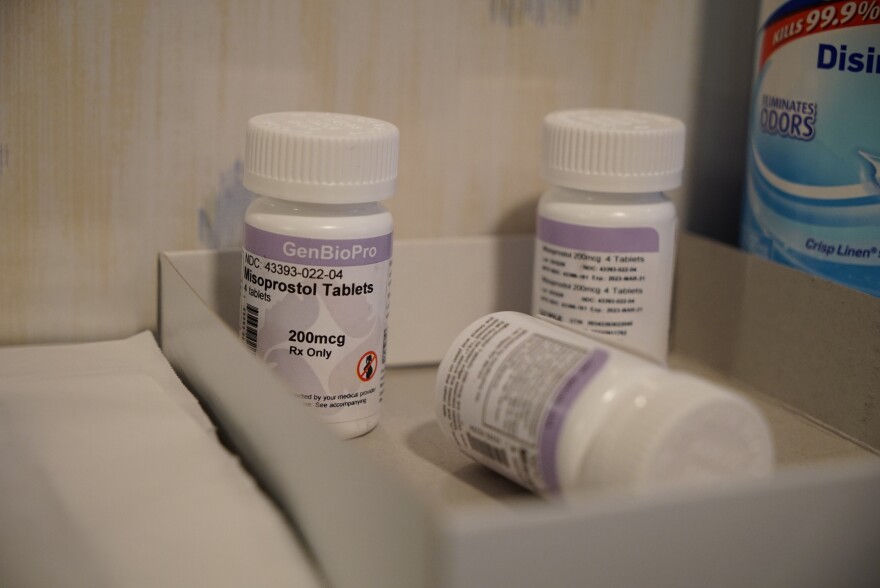 Bottles of the drug misoprostol sit on a table. The drug is one of two used together in "medication abortions."