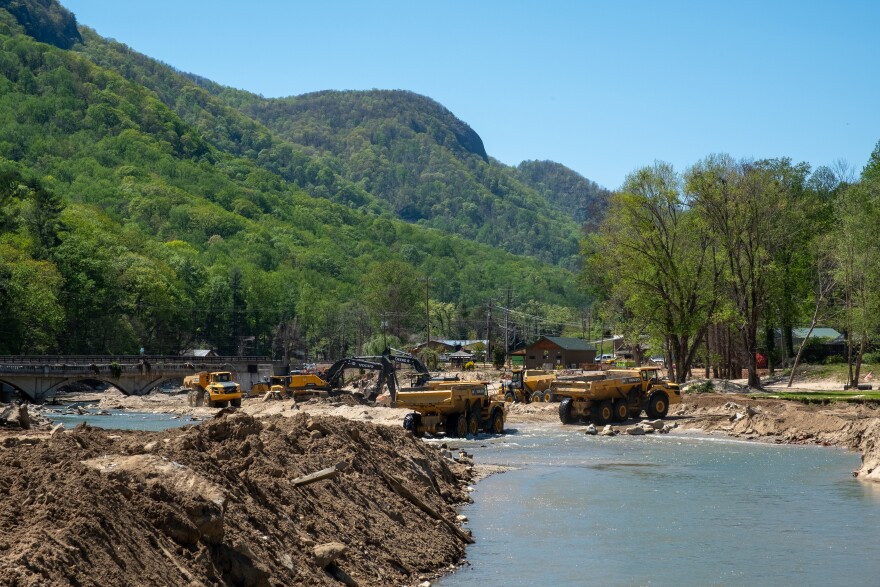U.S. Army Corps of Engineers crews are seen removing debris from Lake Lure on Wednesday, April 16, 2025.