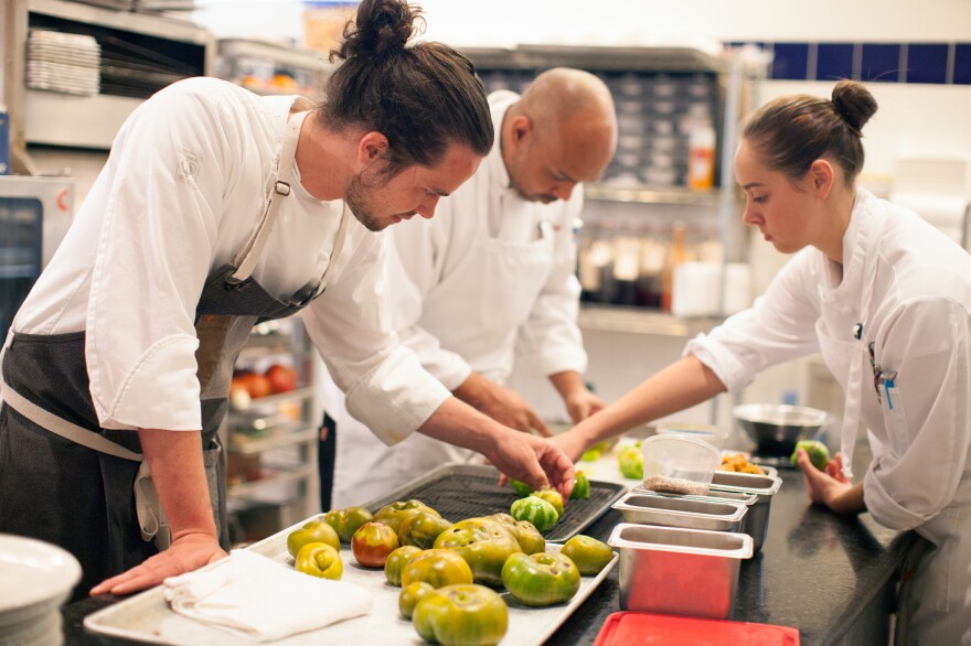 Chef Jamie Simpson and his team in the Culinary Vegetable Institute kitchen.