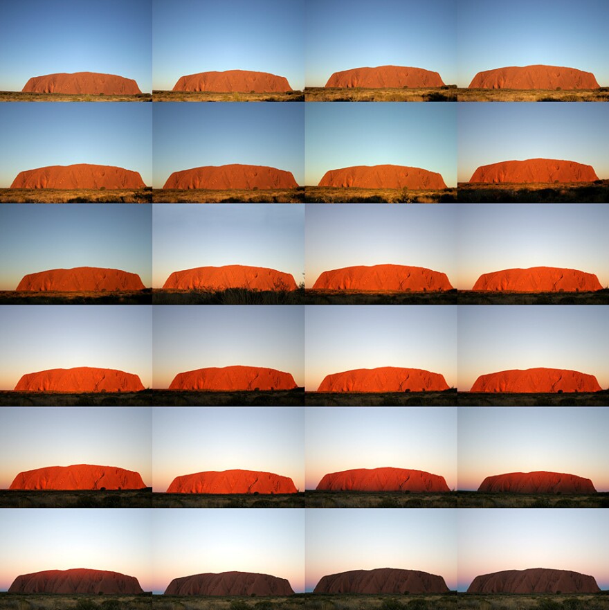 What color is Uluru? A sunset series of photos of the iconic rock of central Australia, taken over a 40-minute period, reveals the color-shifting power of illumination.