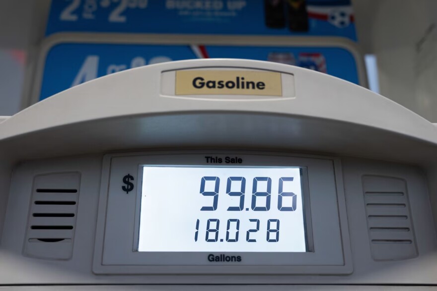 A total of $99.86 for gasoline is displayed at a fuel pump at a gas station on Wednesday, May 6, 2026, in Portland, Ore.