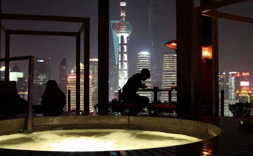 The Vue Bar at Shanghai's Hyatt hotel on the Bund is known for spectacular views and its outdoor hot tub.