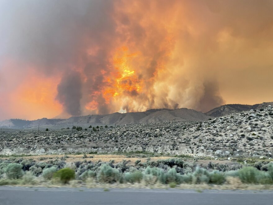 The Beckwourth Complex Fire burning with tall flames and smoke in the air.