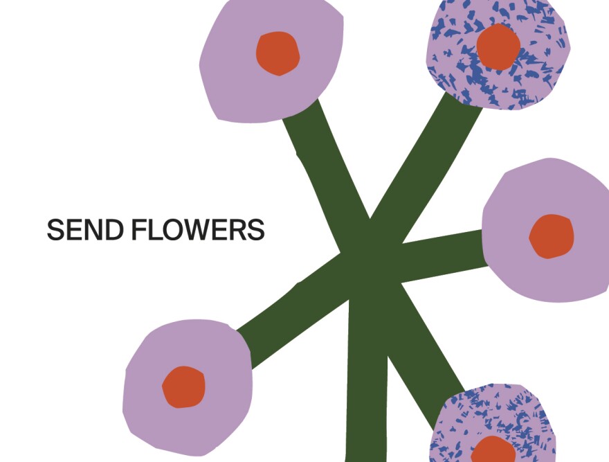 A rudimentary image - as though cut from construction paper - of several green stems leading to pink and orange flower bulbs; "Send Flowers" written in black to one side
