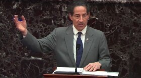 Rep. Jamie Raskin, D-Md., the lead House impeachment manager, speaks in the Senate on Wednesday. He argued that former President Donald Trump incited the Jan. 6 attack on the U.S. Capitol and that his words are not protected by the First Amendment.