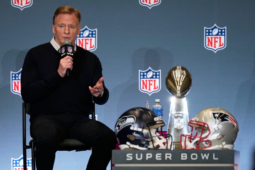 NFL commissioner Roger Goodell speaks during his state of the NFL news conference on Monday, Feb. 2, 2026, in San Jose, Calif., ahead of the Super Bowl 60 football game between the Seattle Seahawks and the New England Patriots. (AP Photo/Matt York)