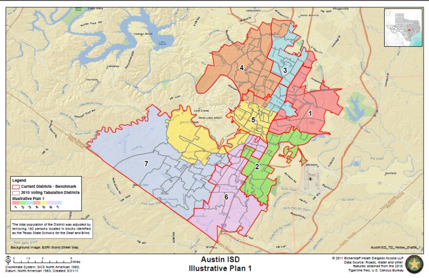 The new redistricting map approved by the Austin school board Monday night. See a larger version of this image here: http://archive.austinisd.org/inside/board/docs/AustinISD_TD_Yellow_Illustrative1.pdf