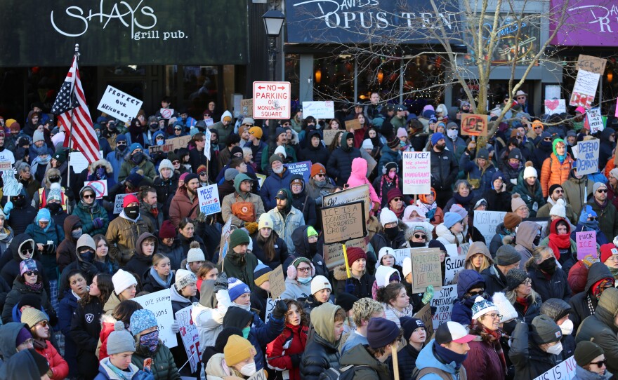 Over 1,000 people rally on Monument Square in Portland on Friday, Jan. 30, 2026.