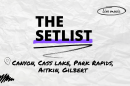 "The Setlist" and "Canyon, Cass Lake, Park Rapids, Aitkin, Gilbert" written over a crumpled paper background.