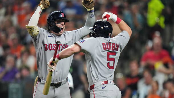 Boston Red Sox' Nick Sogard, left, celebrates with Caleb Durbin (5) after hitting a two-run home run during the eighth inning of a baseball game against the Baltimore Orioles, Thursday, Sept. 3, 2026, in Baltimore. Credit: Stephanie Scarbrough/AP Photo
