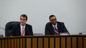 Newly elected IPS Board of Commissioners President Michael O'Connor talks with IPS Superintendent Lewis Ferebee during the board organization meeting Monday, Jan. 8, 2018.