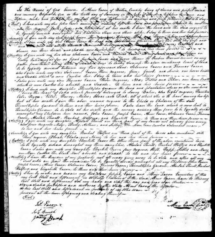 An 1815 will of Abner Eason listing Miles Eason among the enslaved. The Eason descendants will honor Miles Eason during a special reunion in Chesapeake, July 31 to Aug. 2.