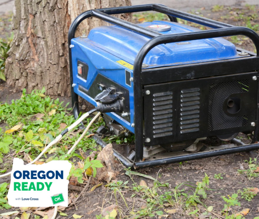 A generator sits in grass and leaves.