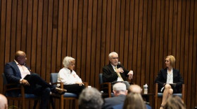 University of Illinois President Timothy Killeen and Chancellors Charles Isbell, Marie Lynn Maranda and Janet Gooch at UIS during their 2026 Invested in Illinois tour.