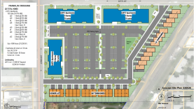 Site plan graphic titled “Franklin Crossing @ MRL Triangle” showing a proposed residential development layout. The plan includes multiple apartment buildings labeled “LIHTC Apartments,” rows of townhomes, parking areas with about 250 spaces, landscaped areas, and a retention pond. A sidebar lists project details such as total homes, unit types, and affordability levels, while surrounding streets and nearby features are labeled around the perimeter.