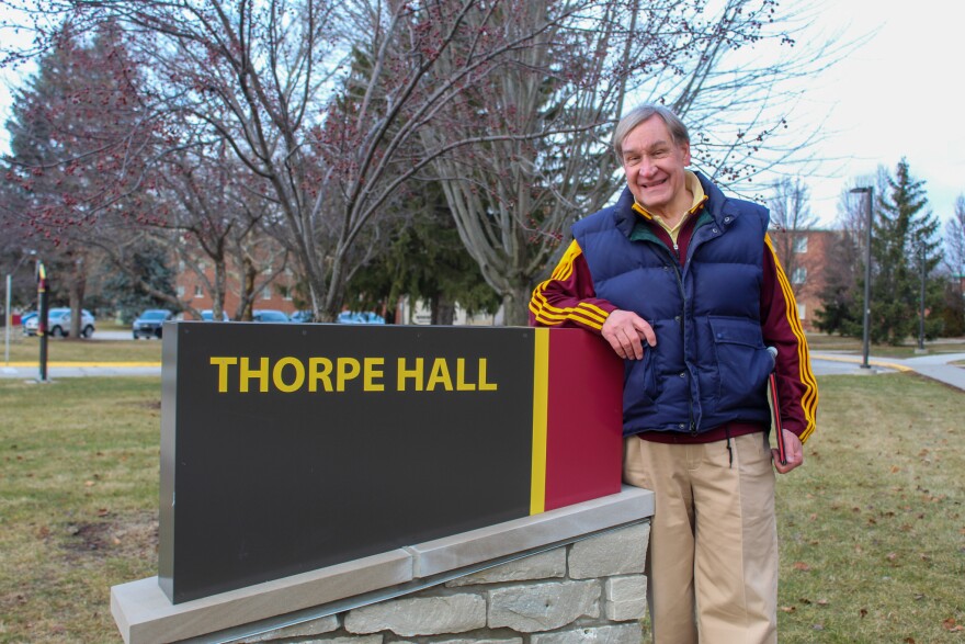 Grant Skomski outside of Thorpe Hall on the campus of Central Michigan University. Skomski was the director of this residence hall from 1981-86, where he says the toilet paper toss originated.