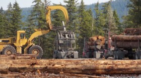 Logs are loaded on a truck on Kupreanof Island in 2013. (Photo by Joe Viechnicki/KFSK)