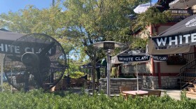 An outdoor heater sits on the patio at Keystone Bar & Grill on Hyde Park's Erie Avenue.