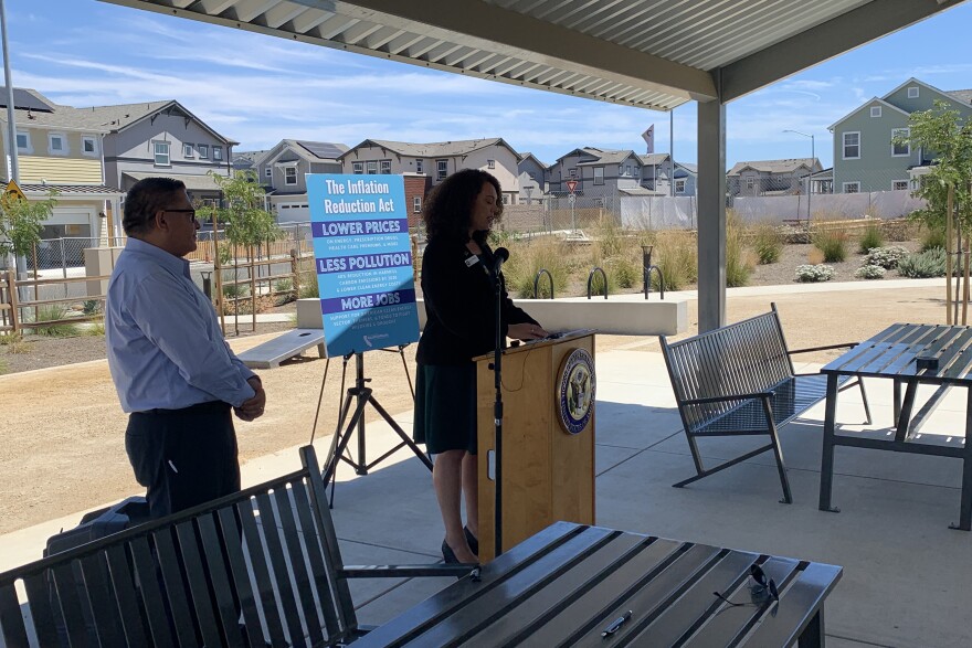 San Luis Obispo Mayor Erica A. Stewart speaks at an Aug. 11 press conference in San Luis Obispo with Rep. Carbajal.
