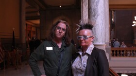 Jennifer Layton (left) and Dawn Baldwin (right) visited the statehouse to advocate against a bill criminalizing sleeping outside.