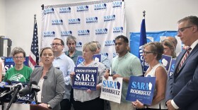 Democratic candidate for Wisconsin governor Sara Rodriguez speaks to supporters, Monday, July 13, 2026, in Madison, Wis.